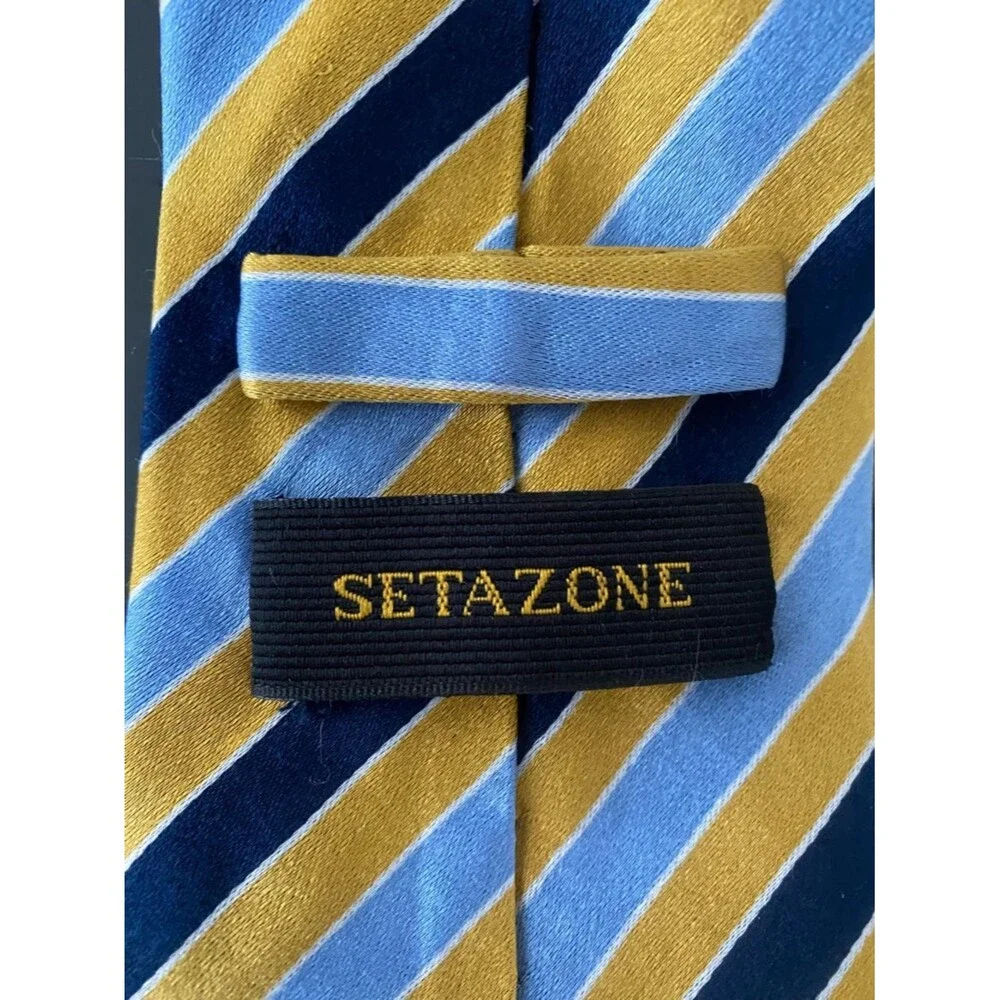 VTG Striped Yellow, Navy & Light Blue Men’s Silk Tie Preppy Bright Office Y2K